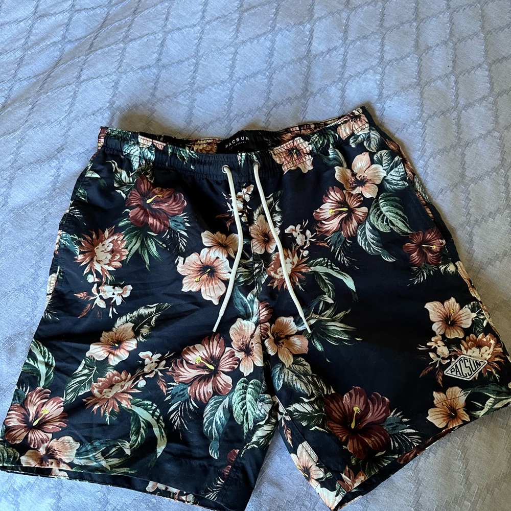 Pacsun, New, unused Men's Floral Swim Shorts - Navy and Brown